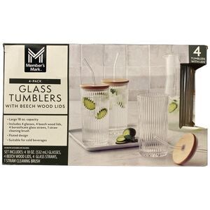 Member's Mark Glass Tumblers with Beech Wood Lids & Glass Straws, 4pk - Clear